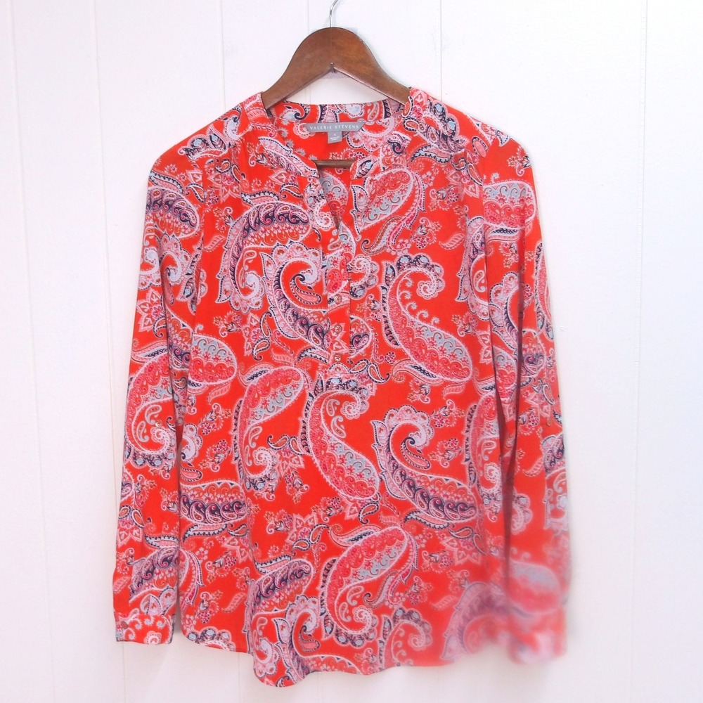 Valerie Stevens Women Orange Paisley Print V Neck Tunic Top Size Small /‎ #1213